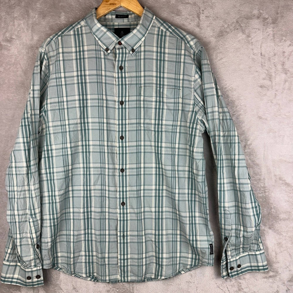 Prana Mens Slim Fit Plaid Organic Cotton Button Down Plaid Shirt M21191486 L